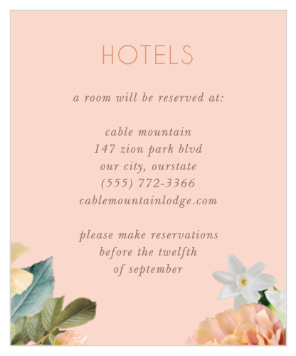 Our Dawn Flowers Accommodation Cards feature peachy-toned colors that are accentuated by vivid floral arrangements.