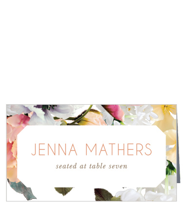 Our Dawn Flowers Place Cards feature peachy-toned colors that are accentuated by vivid floral arrangements.