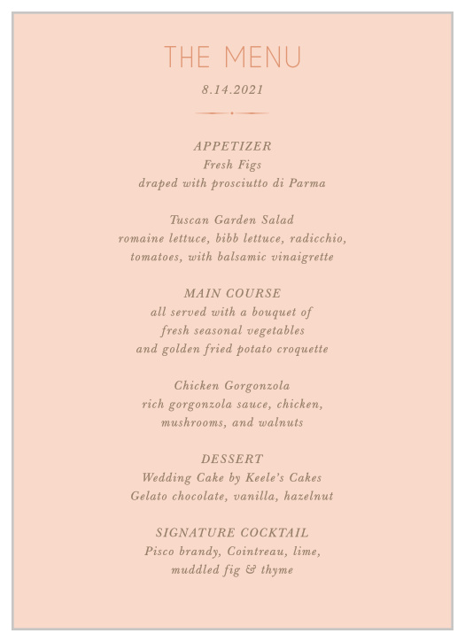 Our Dawn Flowers Wedding Menus features a modern, thin-lined text that is colored in our lovely rose gold foil, atop a ballet colored background!
