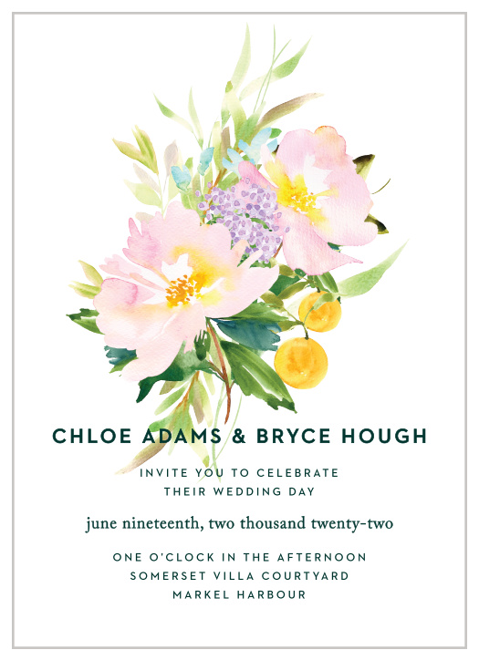 The Citrus Flowers Wedding Invitations display a large, pastel, floral arrangement atop a bright white background.