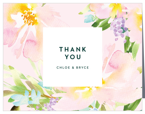 The Citrus Flowers Thank You Cards display a smoothie pink border that is adorned with pastel, painted florals.