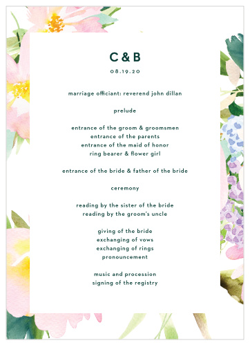 The Citrus Flowers Wedding Programs are framed by pastel, painted florals, with your ceremony details boldly stated in the center of the card, atop a bright white backdrop.