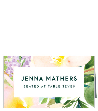 The Citrus Flowers Place Cards display a smoothie pink background that is adorned with pastel, painted florals.