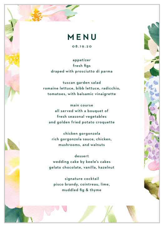 The Citrus Flowers Wedding Menus are framed by pastel, painted florals, with your menu details boldly stated in the center of the card, atop a bright white backdrop.