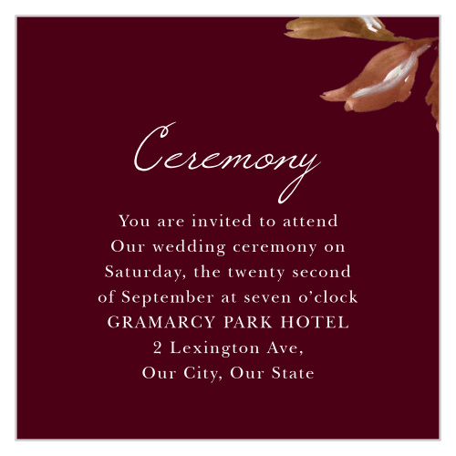 Make sure the most important people in your life make it to your rehearsal dinner or ceremony with our stunning Autumn Aubergine Ceremony Cards.