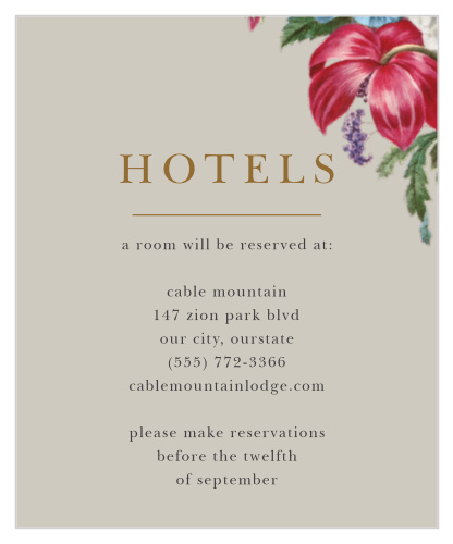 Treat your loved ones traveling from afar with our stunning Antique Flowers Accommodation Cards.