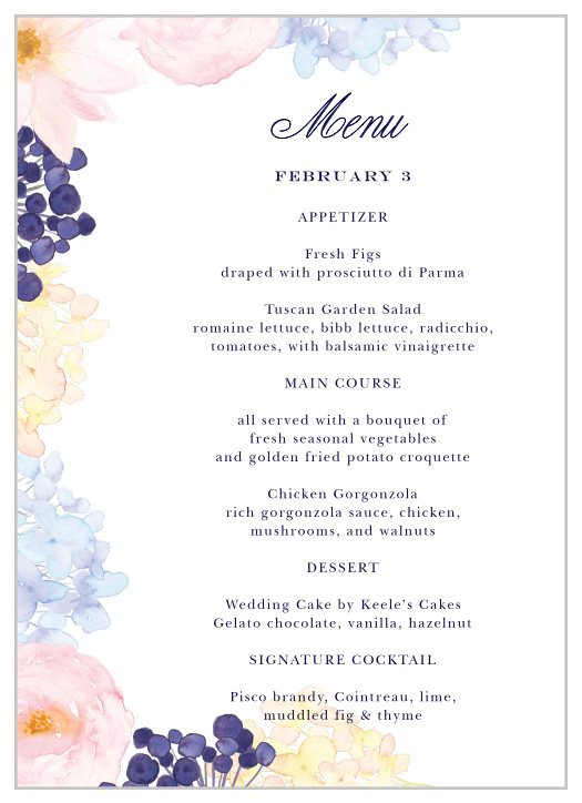 Describe your guests' meal options in mouthwatering detail on our Pastel Watercolors Wedding Menus. A stunning bouquet of pastel flowers blooms from the lefthand side, growing steadily toward the calligraphy and print that spell out the details in the center. 