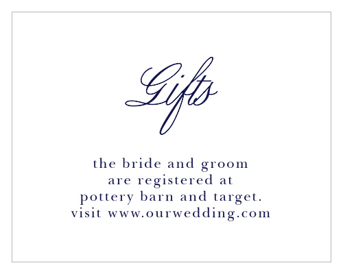 Help your guests find the items you truly need and want with our stunningly simple Pastel Watercolors Registry Cards. A curving calligraphy spells out the title of the card in deep purple before transitioning into a neat print for the details.