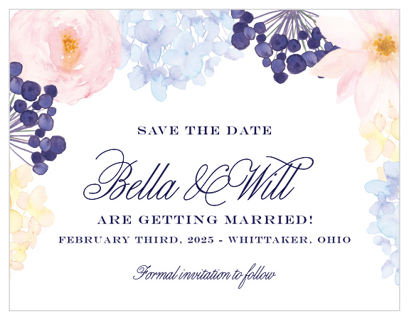 Give your guests the information they need months in advance with our stunning Pastel Watercolors Save-the-Date Cards. Swirling calligraphy, classic prints, and an ensemble of pastel florals cover the page, demanding special attention for your special day.