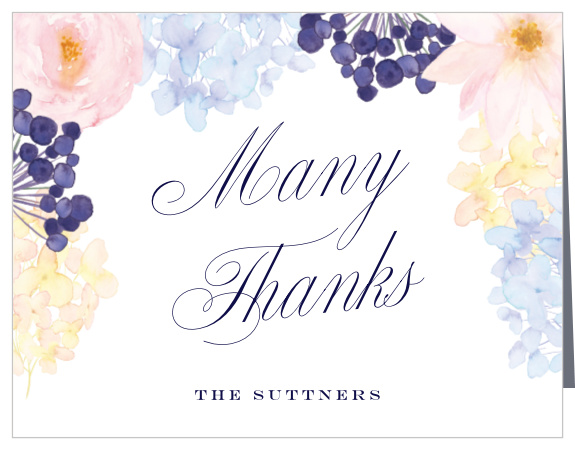 Let your appreciation twirl into your guests' homes while it swirls across the flower-covered surface of our Pastel Watercolors Wedding Thank You Cards. With a stunning ensemble of colors and a classic duo of fonts to ensure that you catch their attention and keep it, these cards are a wonderful way to say "thank you."