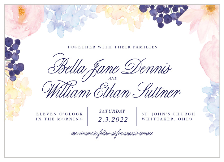 Grow your guest list with the beautiful botanicals of our Pastel Watercolors Wedding Invitations. Watercolor florals bloom all around your invitational text, itself written in a combination of stunning calligraphy and classic print, and offering an irresistible invitation to everyone you care about most.