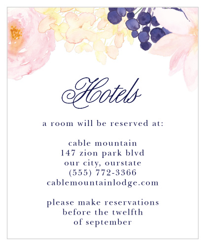Guarantee the comfort of your guests with our stunning Pastel Watercolors Accommodation Cards. Pastel florals bloom along the top of the card, growing steadily toward the swirling calligraphy that spells out your title. With the details of their reservations in a neat, purple print, you can be sure that your guests enjoy not only your wedding day but every day surrounding it as well.