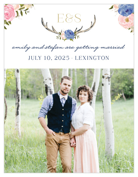 Give your friends and family plenty of advance notice with our stunning Floral Antlers Save-the-Date Magnets. Decorated primarily by a photo of your choice along the bottom half of the magnet and with the details of your wedding day surrounded by blooming flowers, these magnets are a perfect addition to your wedding plans.