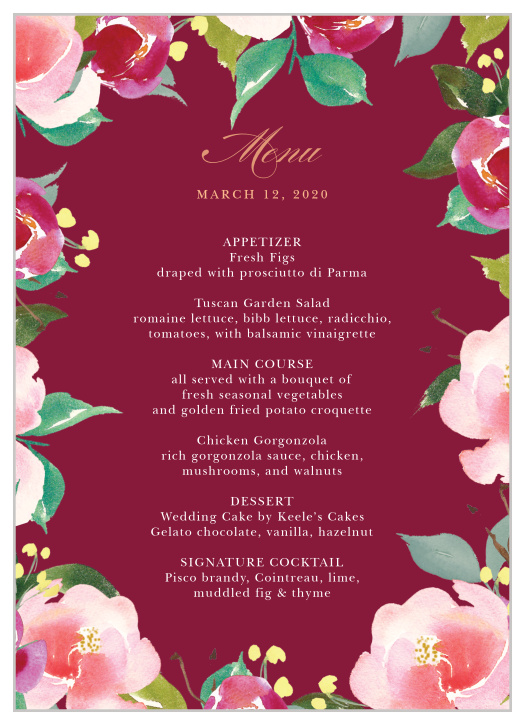 Treat your wedding guests to a true fine dining experience with our Maroon Bouquet Wedding Menus.
