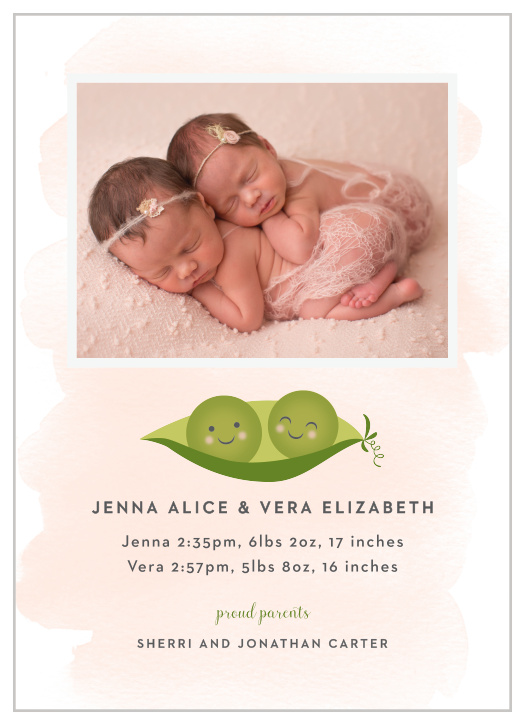 Announce the arrival of your two bundles of joy with our Twin Peas Birth Announcements.