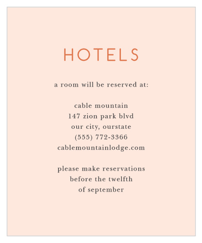 Keep your guests as comfortable as possible in the days surrounding your wedding with our Spring Blush Accommodation Cards. Featuring simple, clean-cut text against a light coral background, these stunning cards give your guests the information they need to reserve a stay.