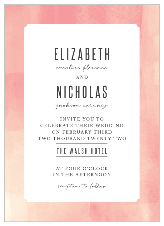 Our Modern Painting Wedding Invitations feature a ticket shaped backdrop, framed by a gorgeous blend of pink and cream hues.