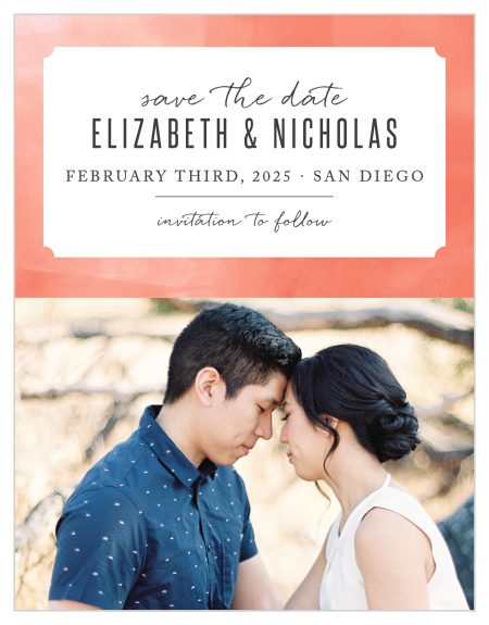 Our Modern Painting Save-the-Date Cards have a ticket shaped backdrop, where your names and wedding date are stated.