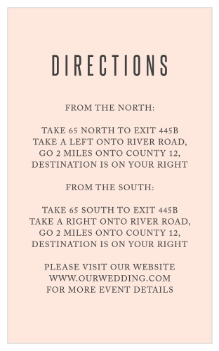 Our Modern Painting Direction Cards simply feature your location details, atop a light coral pink background.