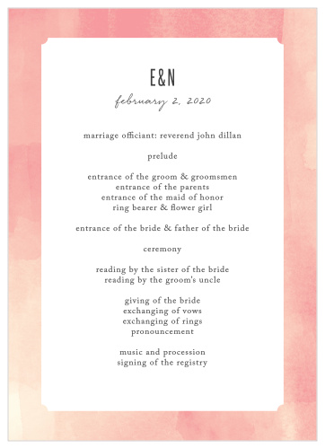 Our Modern Painting Wedding Programs feature a ticket shaped backdrop, framed by a gorgeous blend of rose and cream hues.