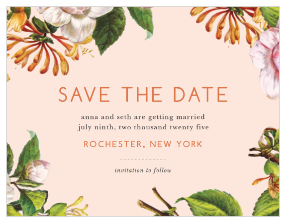 Give your guests the information they need to plan for your wedding well in advance using our Spring Blush Save-the-Date Magnets. Beautiful floral illustrations fill the page's corners and sides, growing steadily in toward the neat prints spelling out your wedding day's details. With a color scheme focused on light, spring colors, these magnets are as easy on the eyes as they are to read.