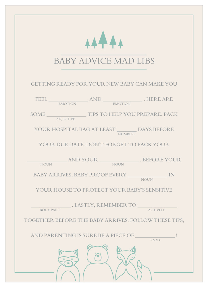 Woodland Outline Baby Shower Mad Libs