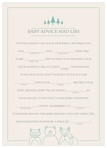 The Woodland Outline Baby Shower Mad Libs game is perfect for those wanting a minimum, but whimsical shower game.
