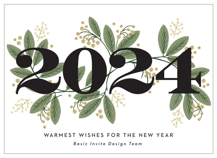 Our Bold Year Corporate Holiday Cards feature a large "2018" that is interwoven with a festive vine.