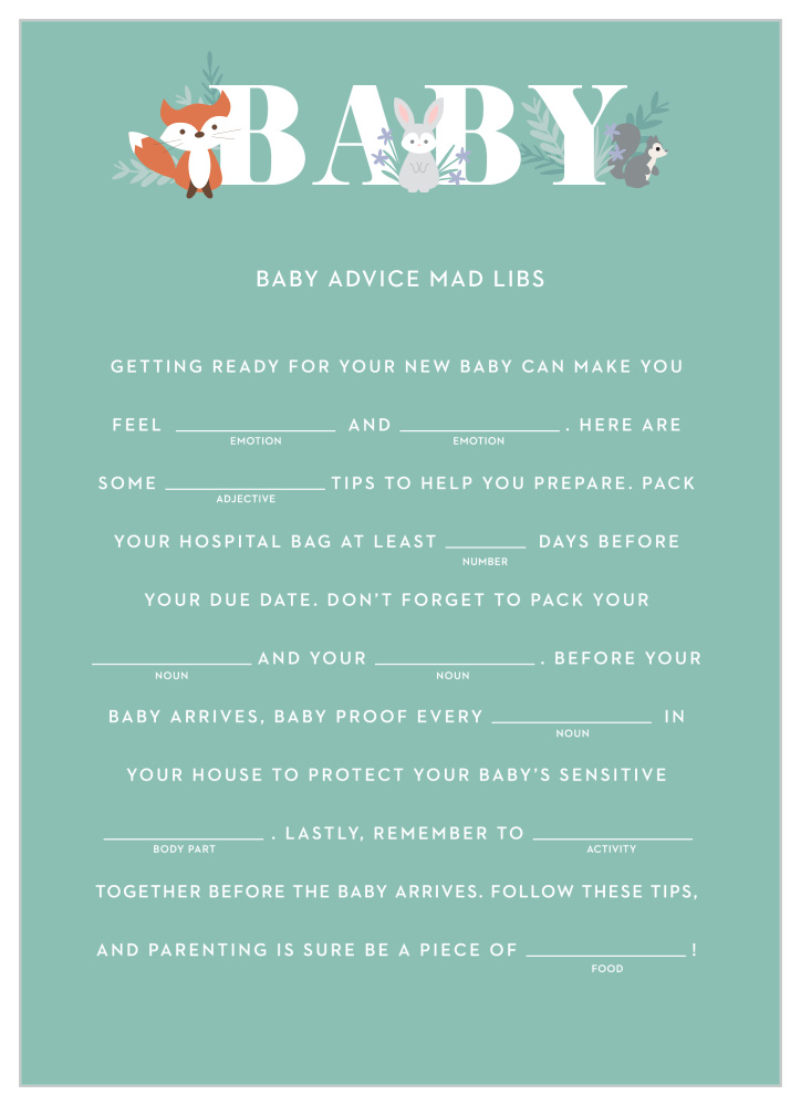 Friendly Forest Baby Shower Mad Libs