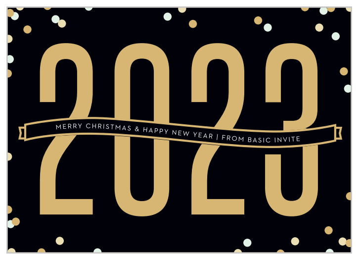 Our Modern Year Corporate Christmas Cards are an endlessly elegant way to send your well-wishes to every member of your business. Bright gold foil sprawls across the page, detailing every word of yours in sharp contrast against the black background, and surrounded by the subtle circles of falling snow.