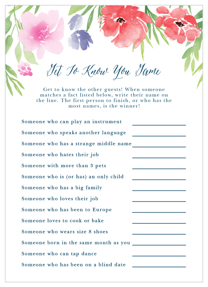 Watercolor Garden Get to Know You Game
