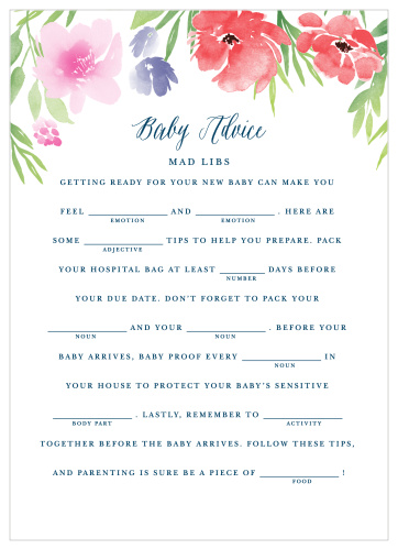 Have your friends and family fill in the blanks of our Watercolor Garden Baby Shower Mad Libs for a hilarious new take on baby preparations.