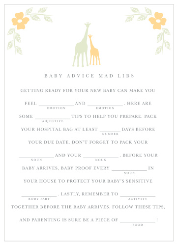 Our adorable Delicate Giraffe Baby Shower Mad Libs will have your shower guests beaming from ear to ear.