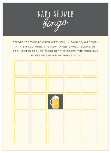 Keep the magic and surprise alive with our Baby Brewing Baby Shower Bingo. A classic bingo board decorates the card’s background alongside neatly written typefaces and a frothy beer glass in the center. Have your guests guess what’s in each gift, then hand out little rewards in turn!