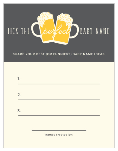 Take notes from the crowd with our gorgeous Baby Brewing Baby Name Contest, their suggestions becoming your new top ten or going straight into the “never use” pile. With your guests free to make up hilarious joke-names or offer their favorite real ones, the beautiful design of these cards is sure to make them the life of the party.