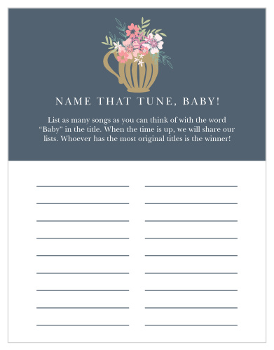 Give your guests the opportunity to provide a snapshot of your newborn in hilarious or heartfelt sketches with our Tasteful Tea Pot Baby Song Contest!