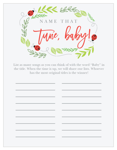 Scramble to think of the most original song titles with our simple, but hilarious, Little Ladybug Baby Song Contest. Choose a word- “baby” being the obvious choice- and set your guests loose, having them fill in each clear line with their favorite fitting songs. With ladybug illustrations and a ring of laurel branches to give the card a flash of color, this game is sure to be a hit at your baby shower.