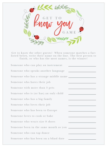 Turn conversation into a friendly competition with our gorgeous Little Ladybug Get to Know You Game.