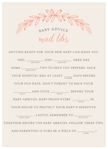 Our Garden Wreath Baby Shower Mad Libs shower game is the perfect fit for a minimal-themed baby shower.