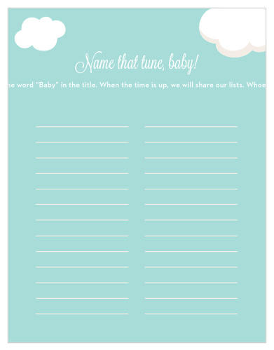 Scramble to think of the most original song titles with our simple, but hilarious, Special Stork Baby Song Contest. Choose a word- “baby” being the obvious choice- and set your guests loose, having them fill in each clear line with their favorite fitting songs. With gorgeous sky colors and neat typography to give the card a flash of style, this game is sure to be a hit at your baby shower.