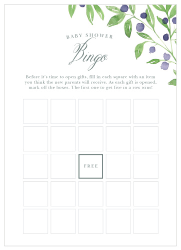 Keep the magic and surprise alive with our Farmer's Market Baby Shower Bingo. A classic bingo board decorates the card’s background alongside grapevine illustrations and gorgeous typefaces. Have your guests guess what’s in each gift, then hand out little rewards in turn!