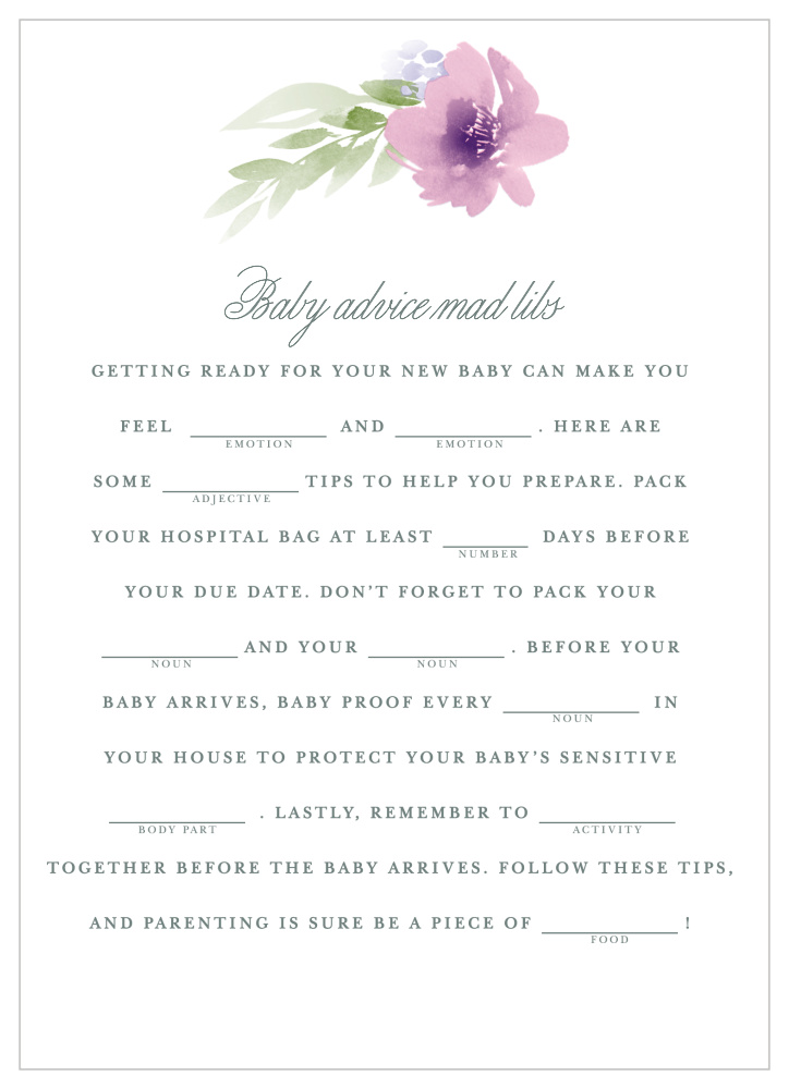 Floral Delight Baby Shower Mad Libs