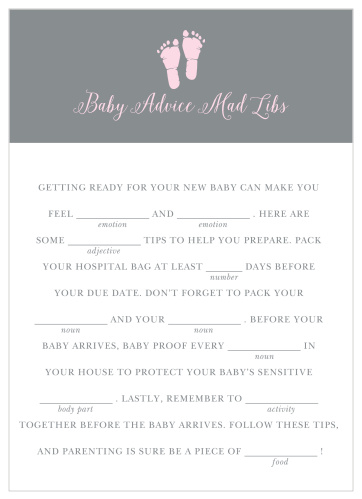 Our precious Little Girl Footprints Baby Shower Mad Libs will be an adorable addition to your baby shower.