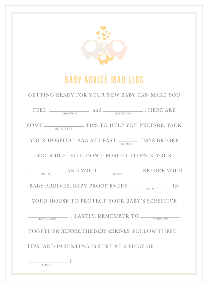 Baby Elephant Baby Shower Mad Libs