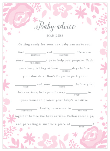 Have your friends and family fill in the blanks of our Baby Blooms Baby Shower Mad Libs for a hilarious new take on baby preparations.