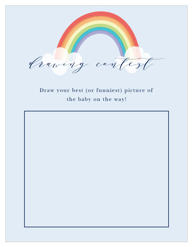 Give your guests the opportunity to provide a snapshot of your newborn in hilarious or heartfelt sketches on our Colors of the Rainbow Baby Drawing Contest! Use the bright rainbow colors to catch their attention and neat print to guide them through the game for a guaranteed good time.