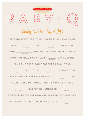 Entertain your friends and family at your backyard shower with our Baby-Q Baby Shower Mad Libs.