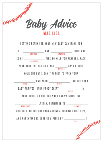 Hit it out of the park with our Baseball Baby Baby Shower Mad Libs.