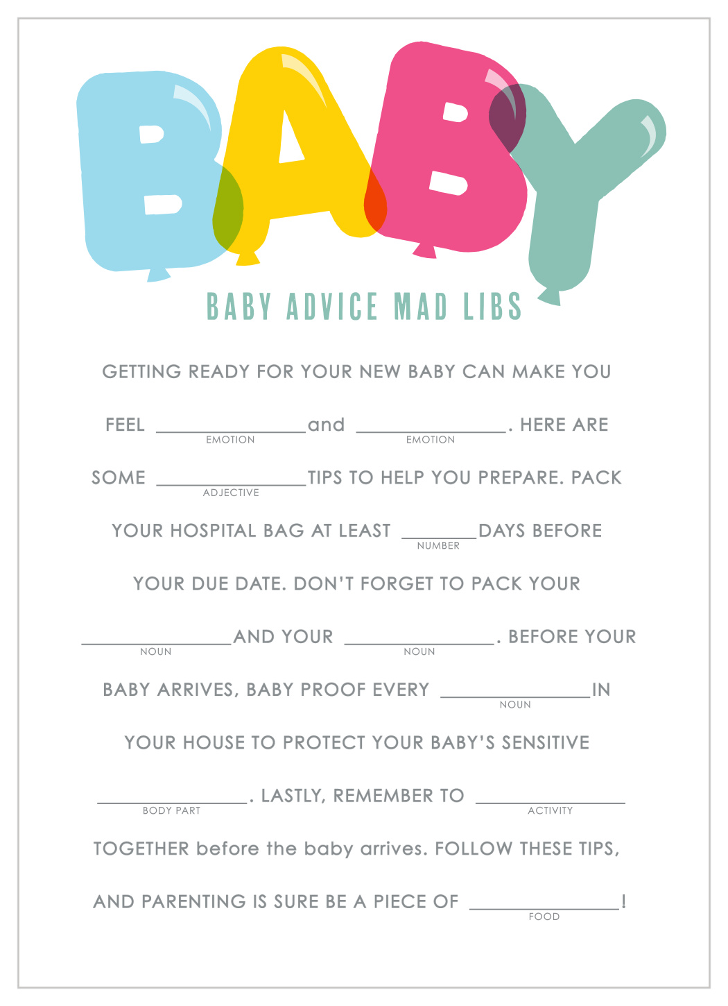Bubble Balloons Baby Shower Mad Libs
