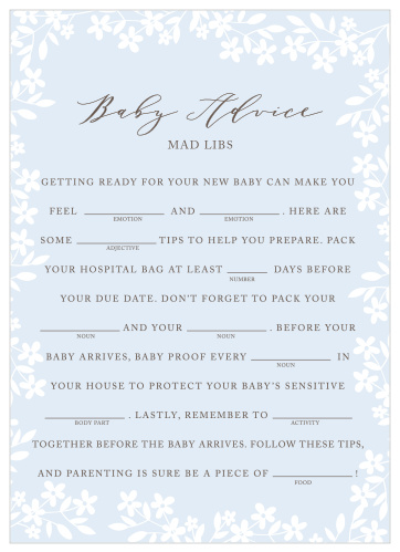 Have your friends and family fill in the blanks of our Flower Garden Baby Shower Mad Libs for a hilarious new take on baby preparations.